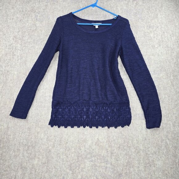 Charming Charlie Womens Navy Blue Lace-Trim Long-Sleeve Knit Top - Picture 1 of 6
